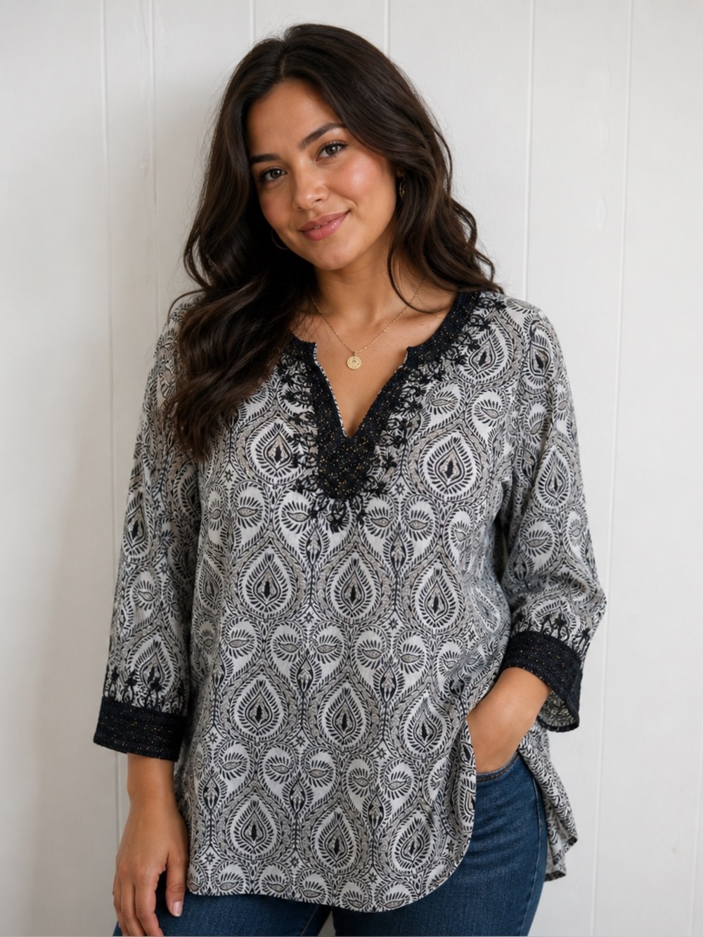 Roberta Roller Rabbit Printed Tunic with Embroidered Neckline and Cuffs M
